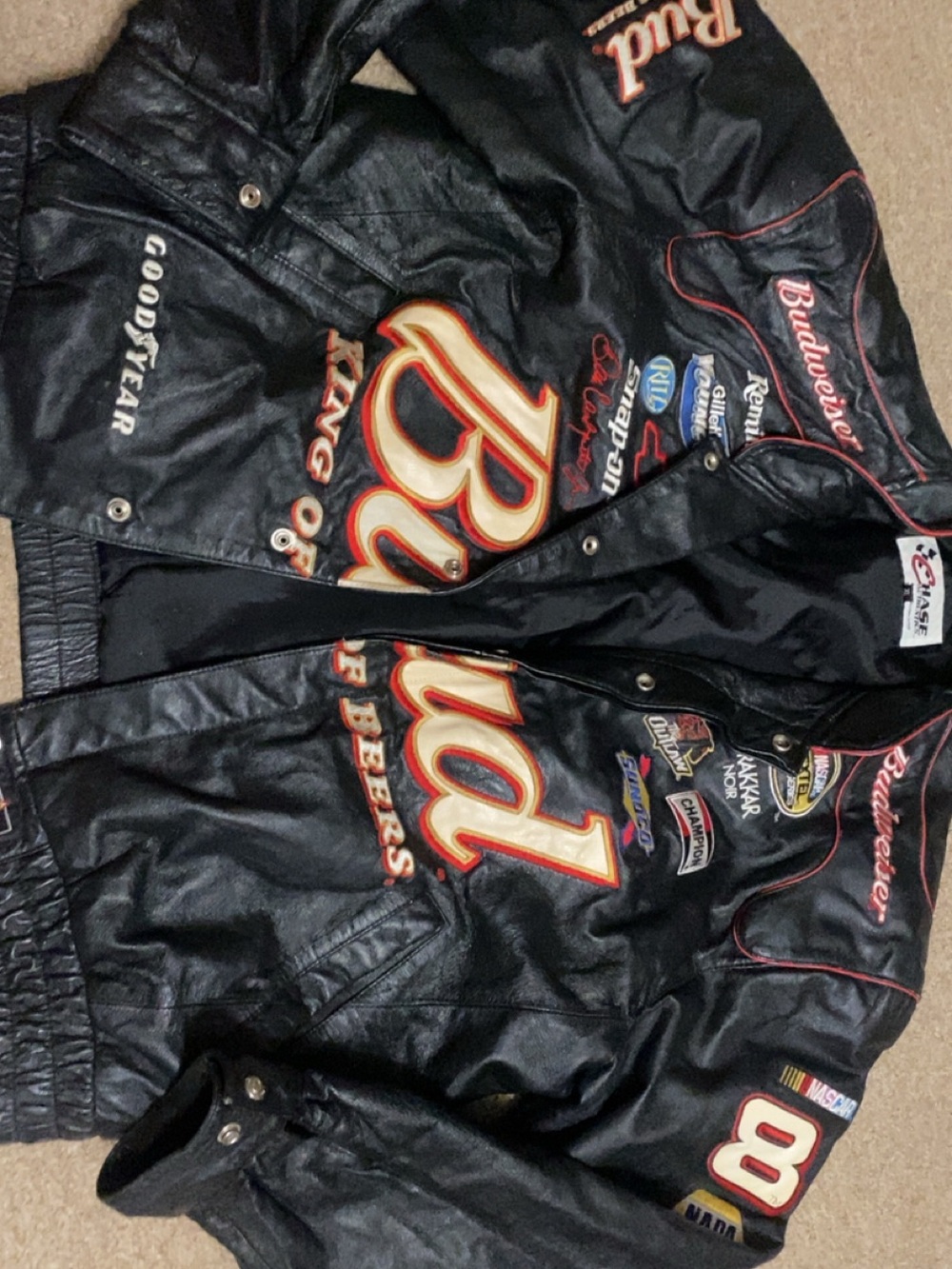 Budweiser Racing Bomber Jacket with Red & Gold Accents, Vintage size XL, fitsM/L